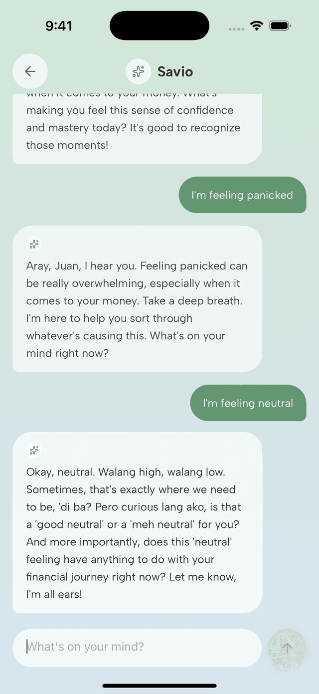 Savio AI empathy chat coaching a user through financial stress.