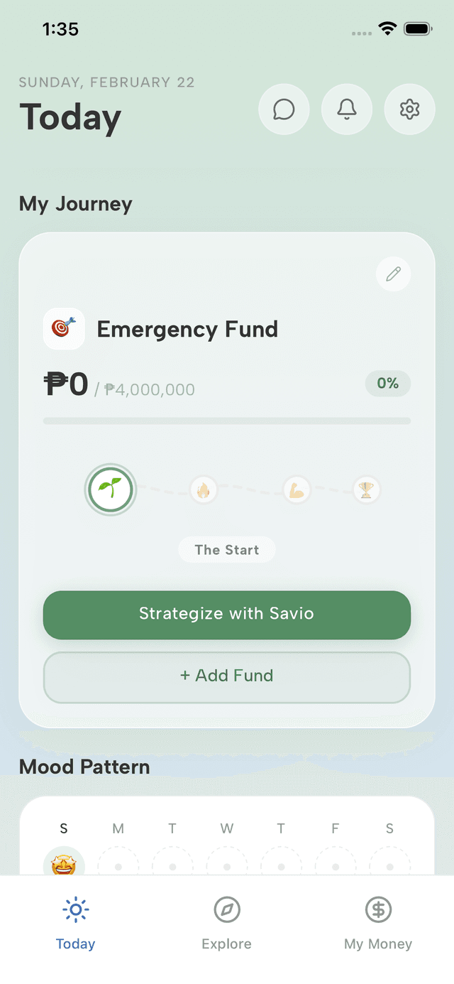 Savio goal tracking with My Journey roadmap and mood patterns.