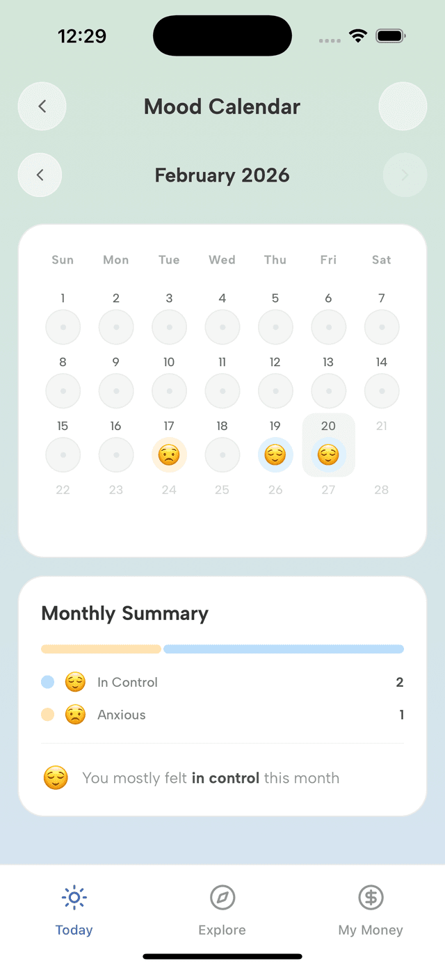 Savio app Mood Calendar tracking a user's emotional patterns over the month.